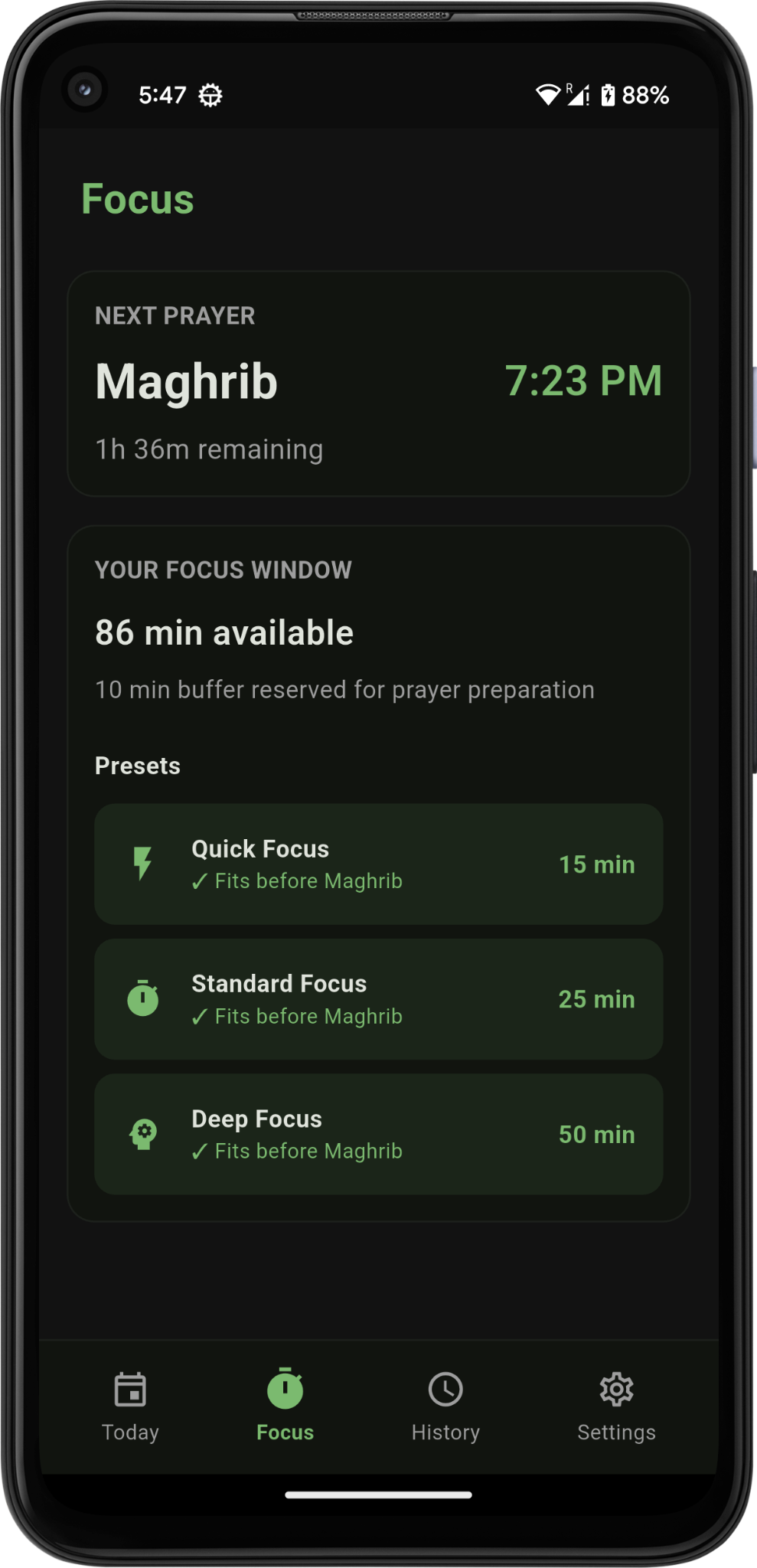 SalahFlow Focus screen showing the next prayer and focus-session presets