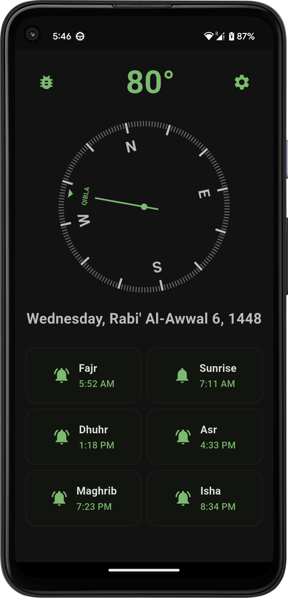 Waqt & Qibla screen showing Qibla direction and daily prayer times